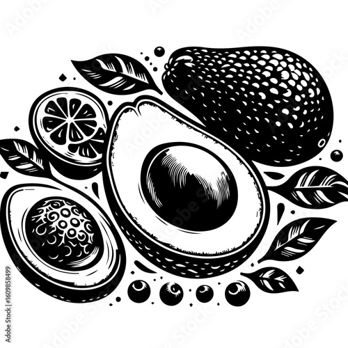Stylized Black and White Avocado and Citrus Fruit Composition.