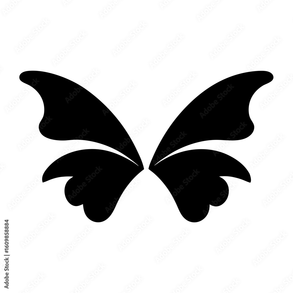 Symmetrical black butterfly wings silhouette on white background offering design element Symmetrical black butterfly wings silhouette on white background offering design element