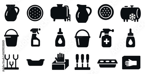 Collection of black and white icons for various kitchen items such as a bucket, a bowl, a spoon, and a bottle