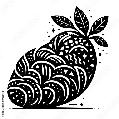 Stylized Black and White Mango with Leafy Crown.