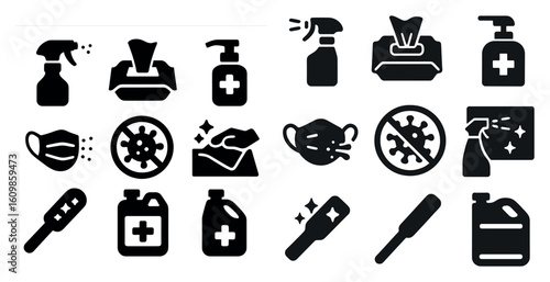 Set of black and white icons for cleaning supplies and personal hygiene items. The icons include a bottle of hand sanitizer, a bottle of disinfectant spray, a box of tissues, a bottle of hand soap