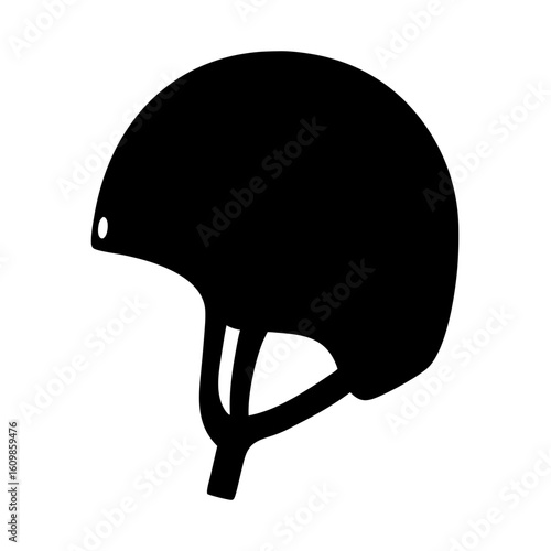 Stylized black silhouette of a modern helmet with straps and vent