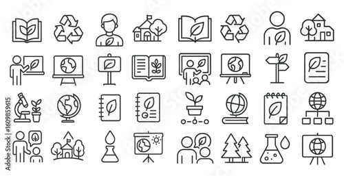 Collection of icons for various things related to the environment. Some of the icons include a person, a book, a globe, a house, a tree, a computer, a laptop, a pen, a pencil, a calculator, a clock