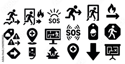 Series of icons for different emergency situations. The icons include a person running, a fire, a person with a red cross, a person with a safety sign, a person with a fire extinguisher