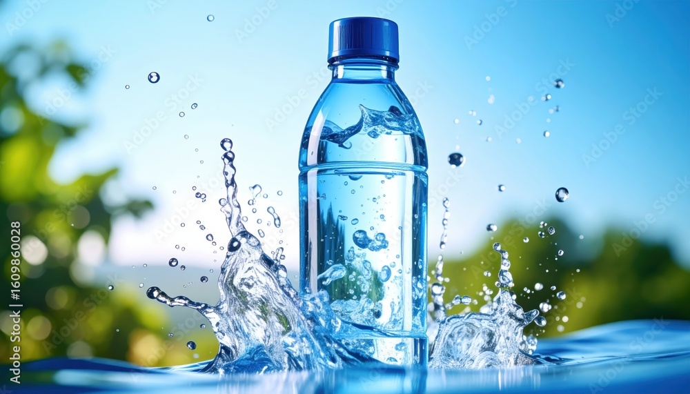 Refreshing Water Bottle with Splashing Water Drops Against a Blurred Background Refreshing Water Bottle with Splashing Water Drops Against a Blurred Background