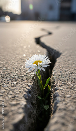 White Flower Growing from Crack in Asphalt Pavement