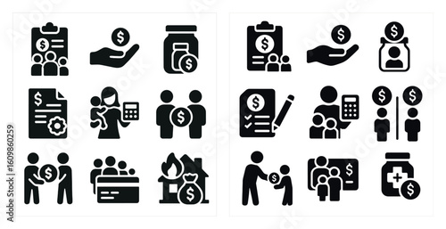 Set of black and white icons that represent money and financial transactions. The icons include a hand holding money, a calculator, a checkbook, a jar, and a house