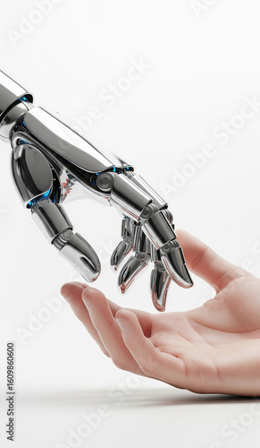 Human and Robot Hands Almost Touching in White Background