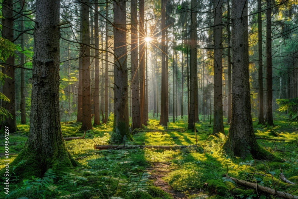 Fototapeta premium Silent Forest in spring with beautiful bright sun rays