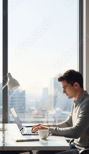 Young Businessman Typing on Laptop in Home Office Near Window