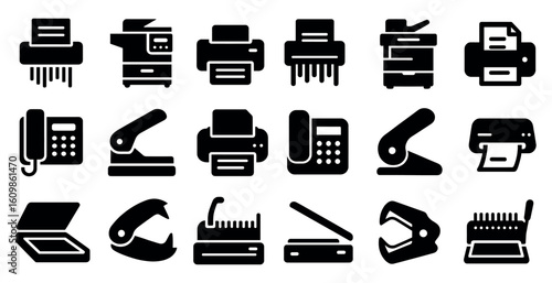 Collection of office supplies including a phone, printer, and scissors. The collection of items is meant to represent the idea of a busy office environment