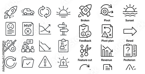 Set of icons for a business app. The icons include a car, a rocket, a sun, a broken arrow, a frowning face, a thumbs up, a thumbs down, a check mark, a clipboard, a paper