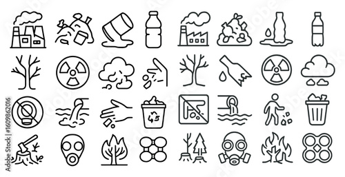 Collection of icons that represent various environmental issues. The icons include a tree, a person, a hand, a fire, a person with a hand on a tree, a person with a hand on a trash can