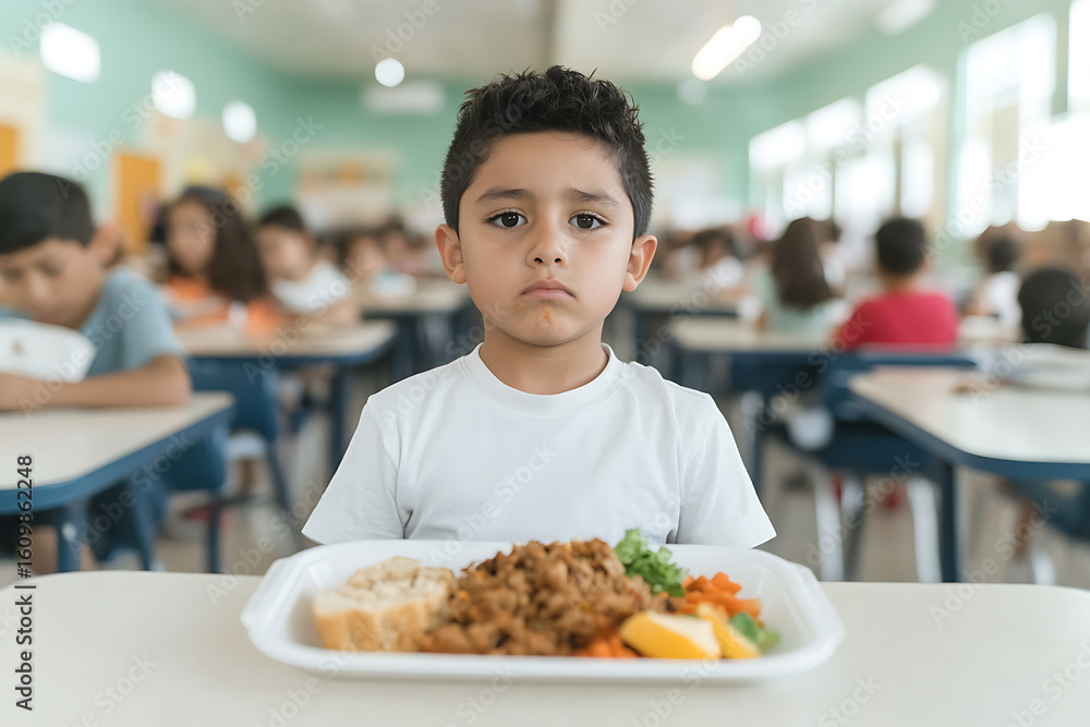 A sad-looking young boy sits at his desk with a tray of food. The school cafeteria is bustling in the background. His expression is somber and thoughtful. A sad-looking young boy sits at his desk with a tray of food. The school cafeteria is bustling in the background. His expression is somber and thoughtful.