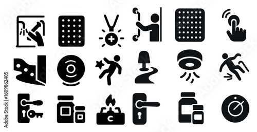 Collection of icons that include a fire extinguisher, a fire alarm, a fire escape, a fire hydrant, a fireman, a fire escape ladder, a fire escape sign, a fire escape door, a fire escape staircase, a