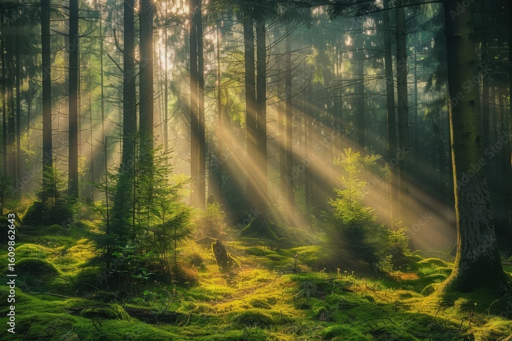 Fototapeta premium Silent Forest in spring with beautiful bright sun rays