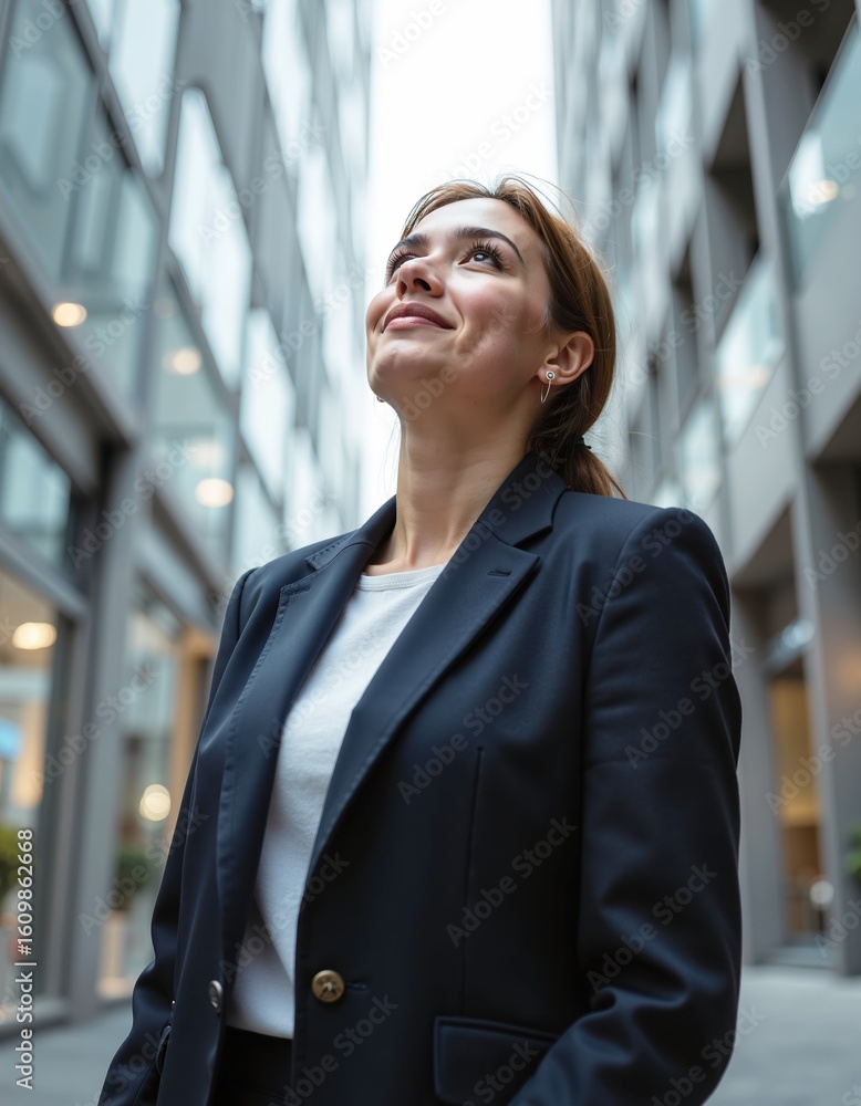 Fototapeta premium Confident young caucasian woman in business attire looking upward in urban setting