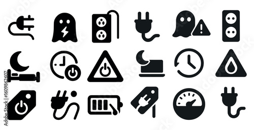 Collection of black and white icons that represent various electrical and electronic devices. The icons include a clock, a plug, a battery, a light switch, a power outlet, a plug, a clock, a plug