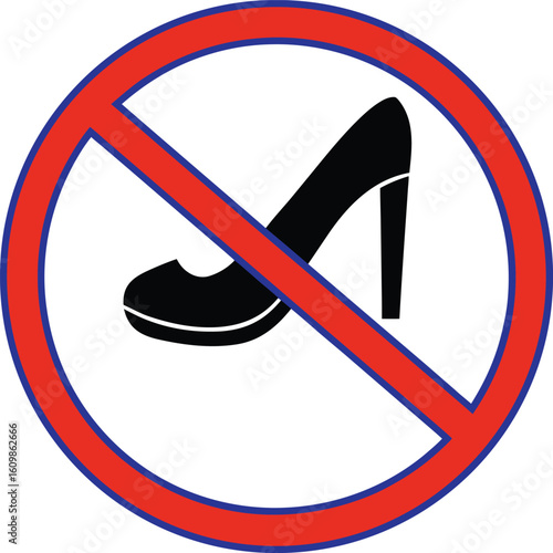 Black high heel shoe prohibition sign with red crossbar and blue border no high heels