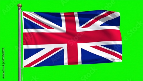 Union Jack flag waving on a pole against a solid green background