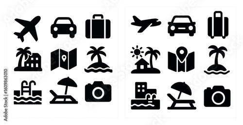 The image is a collection of various travel-related icons, including an airplane, car, suitcase, and umbrella. The icons are arranged in a grid, with some overlapping each other