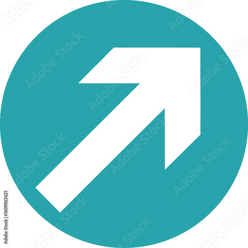 White arrow pointing up and right inside a teal circle graphic direction movement