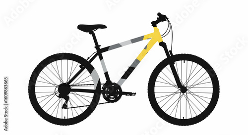 A modern mountain bike illustration with a yellow and gray frame, isolated on a white background.