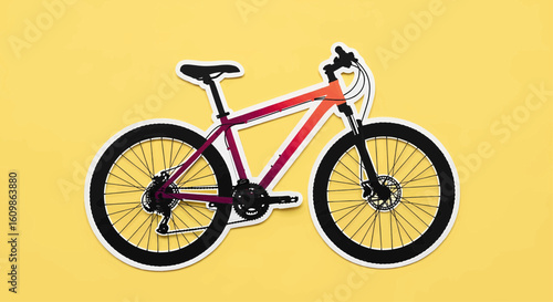 A colorful papercraft illustration of a mountain bike for an active lifestyle hobby, isolated on a yellow background.