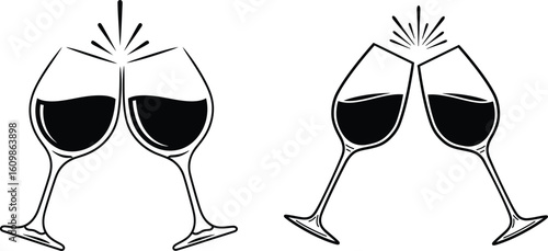 Clinking Wine Glasses Vector Illustration – Toast Celebration Icon in Black and White