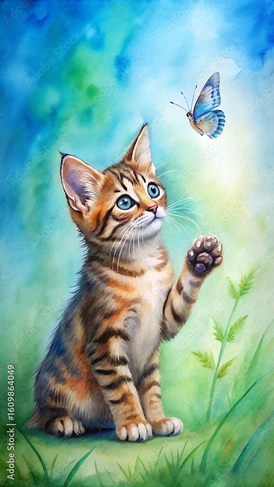 Obraz premium Playful tabby kitten reaching for blue butterfly image