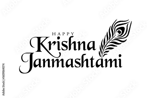 Happy krishna janmashtami greetings with peacock feather vector illustration.