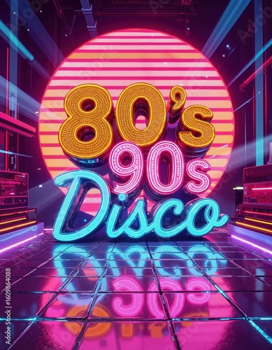 Bright neon retro 80s and 90s disco theme with glowing lights and reflective floor