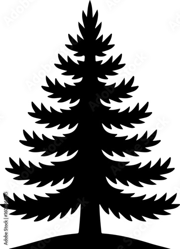 Image is a simple, stylized silhouette of a pine tree, depicted in a solid black color against a white background. The tree features a symmetrical layout with evenly spaced branches that taper towards