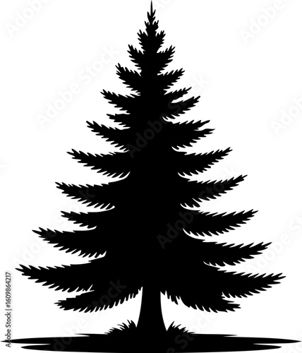 Image is a simple, stylized silhouette of a pine tree, depicted in a solid black color against a white background. The tree features a symmetrical layout with evenly spaced branches that taper towards