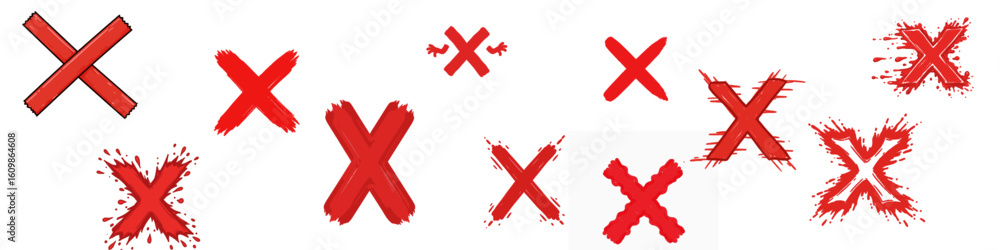 Obraz premium Red crossmark icon set in brush and splash styles for error, cancel, and alert design
