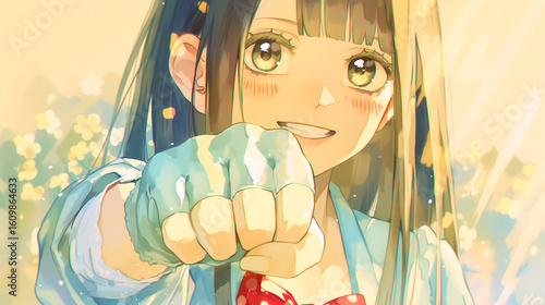 応援してくれる女の子。水彩画。イラスト。