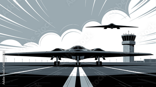 Stealth Bomber on Runway with Control Tower and Flying Aircraft A Vector Style Image Emphasizing Military Might and Technological Prowess