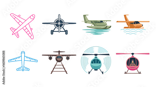Collection of diverse aircraft vectors showcasing different airplane and helicopter designs for aviation enthusiasts and travel industry applications