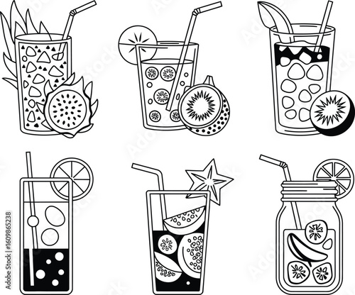 Collection of refreshing hand drawn summer cocktails with fruits and garnishes