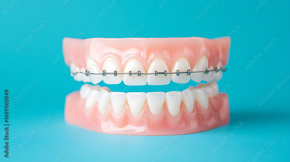Fototapeta premium Model of a set of teeth with metal braces for orthodontic alignment against a bright blue background, indicating dental care and teeth straightening.