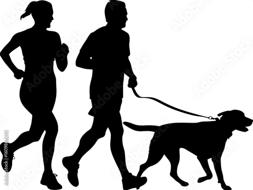Silhouette of a man walking a dog in the rain, holding an umbrella.
The umbrella adds a distinct shape but remains simple.