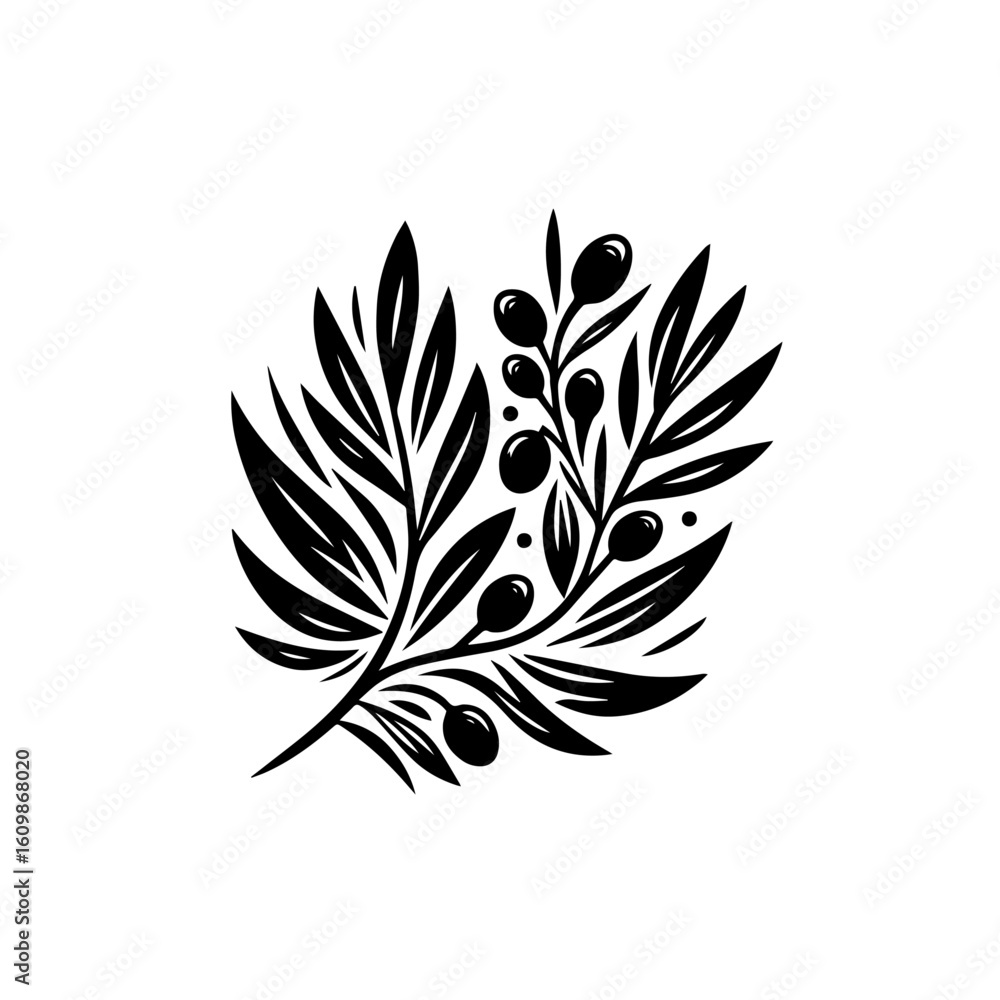 Fototapeta premium Black and white olive branch with olives.