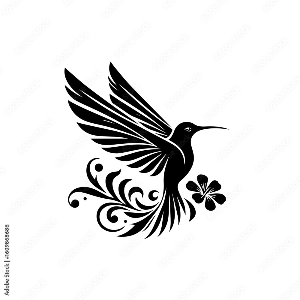 Obraz premium Elegant Black Hummingbird with Floral Swirls.