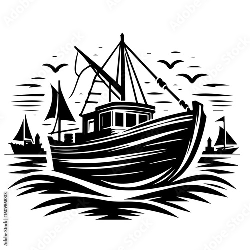 Fishing Boat Sailing on Wavy Ocean with Seagulls.