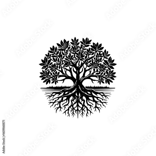 Intricate Black and White Tree of Life with Roots.