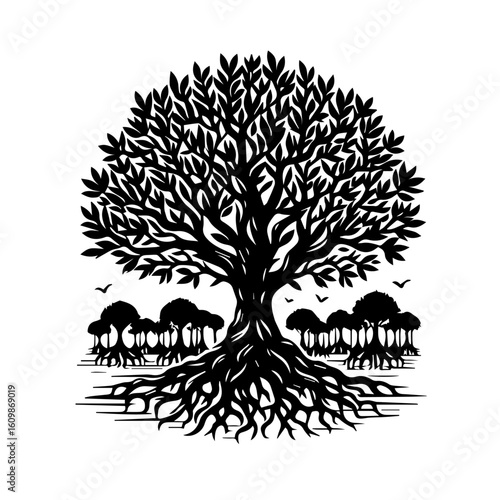 Majestic Black Silhouette of a Tree with Intricate Roots.