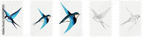 Set of postage stamps with swallows. Vector illustration.