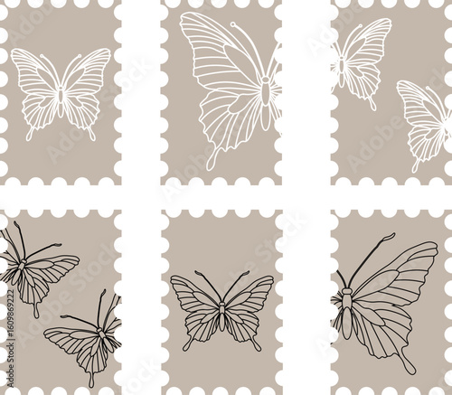A set of postage stamps featuring butterflies in a minimalist style.