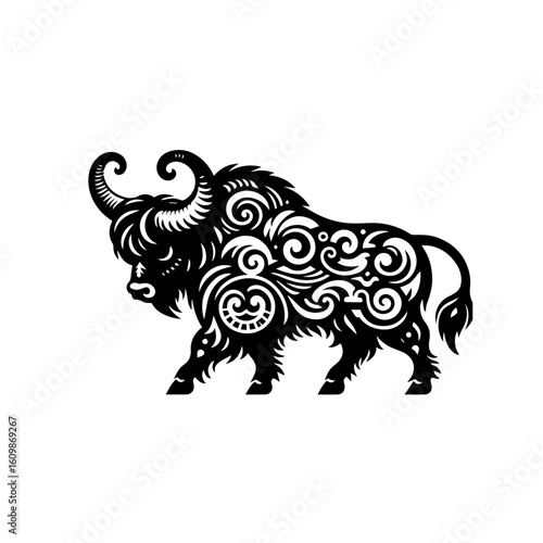 Ornate Black Bison Silhouette with Swirling Patterns.