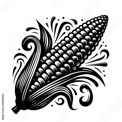 Stylized Black and White Corn Cob Illustration 1.